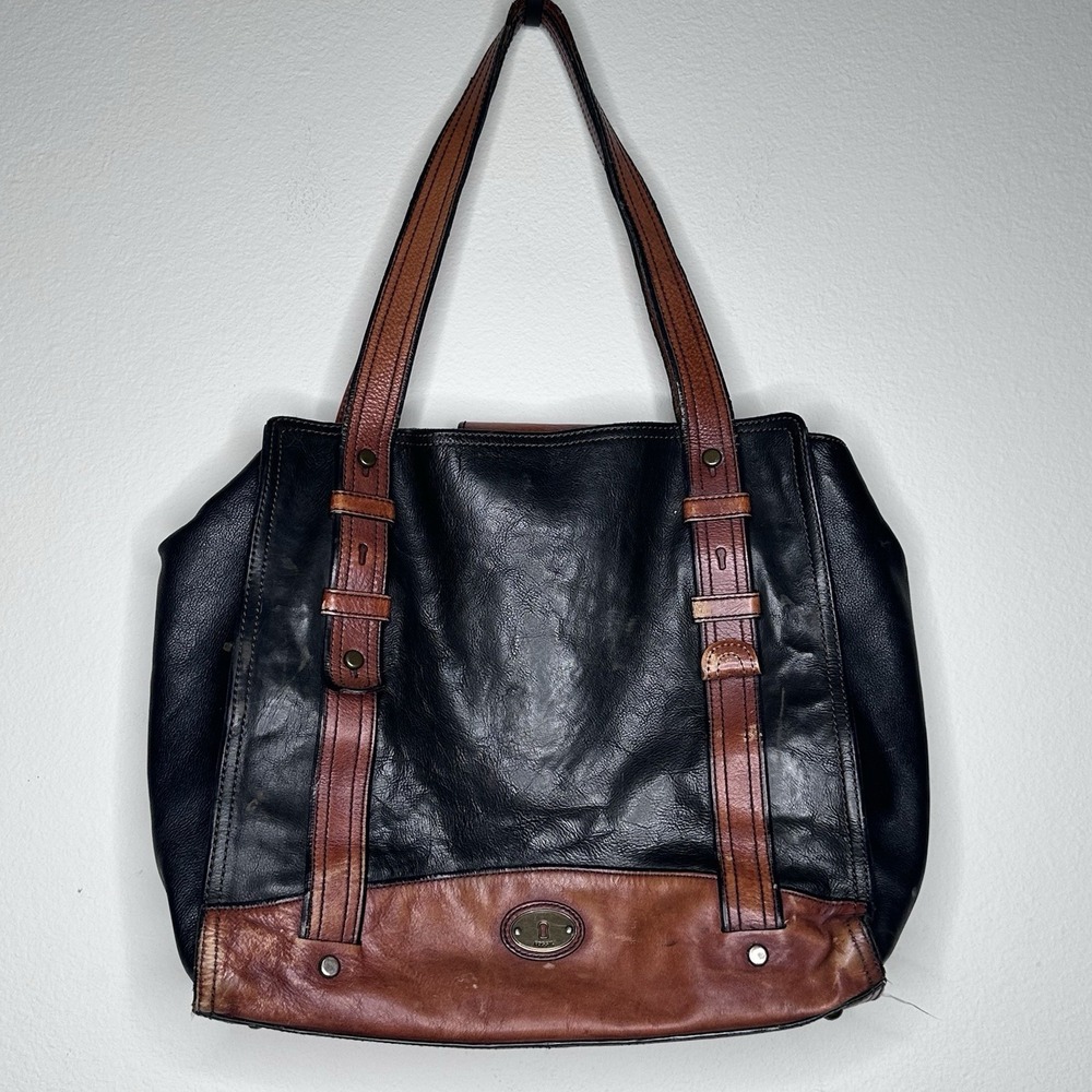 Fossil Long Live Vintage Leather Tote, Blk/Brown‎ Leather